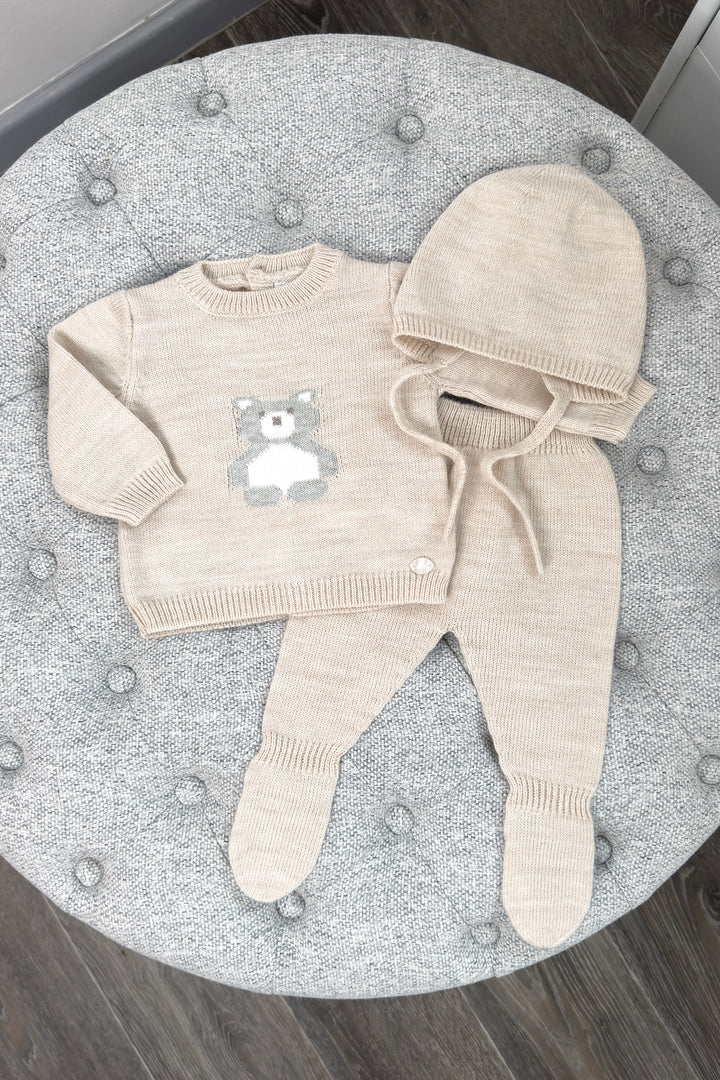 "Osito" Beige Knitted Bear Top, Leggings & Bonnet