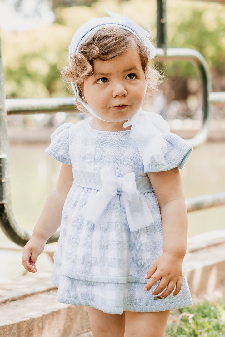 "Nora" Baby Blue Gingham Knit Dress & Bloomers