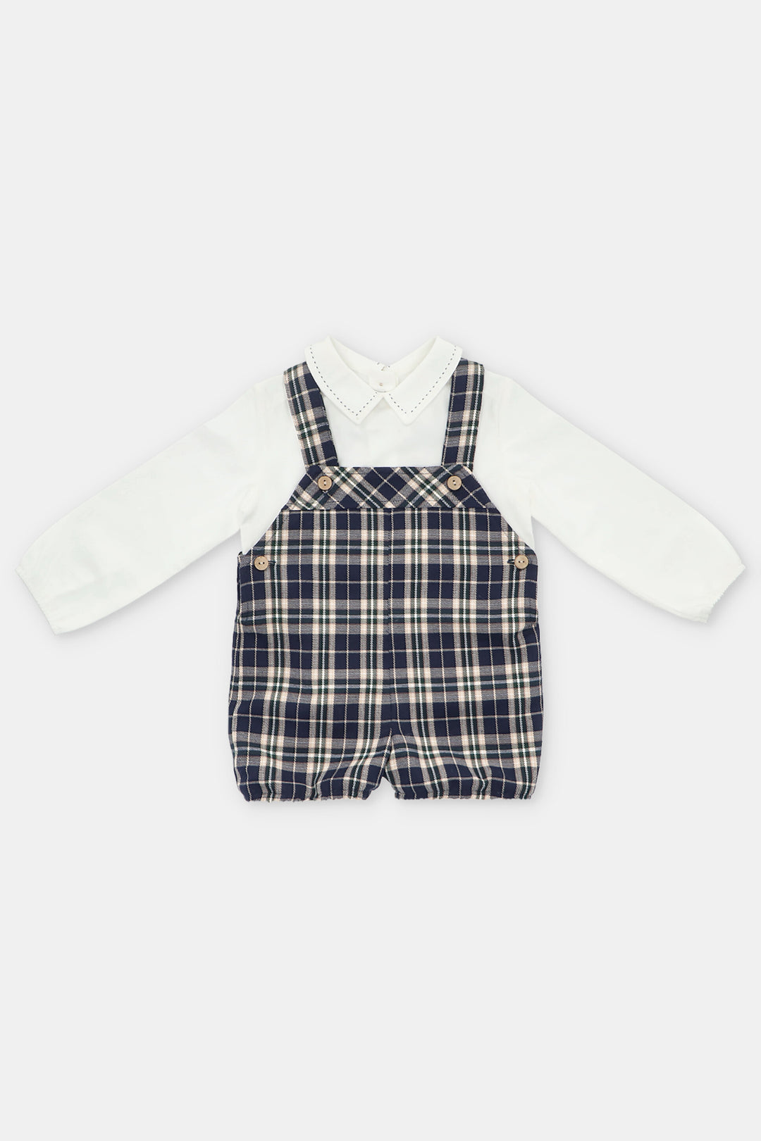 "Ezra" Shirt & Navy Tartan Dungaree Romper