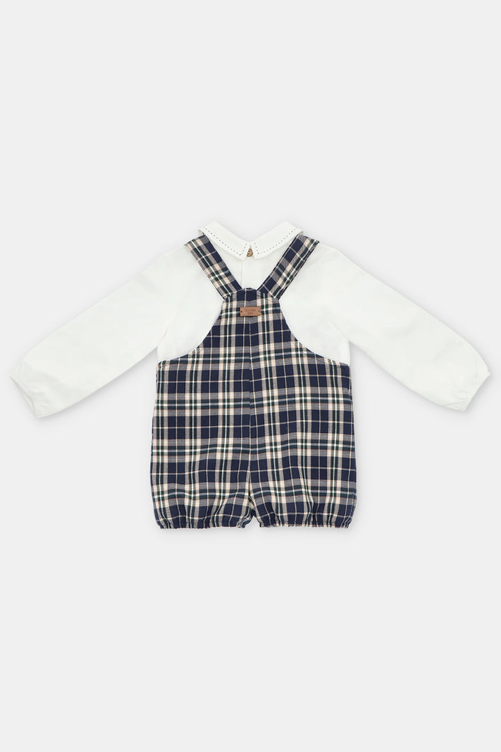 "Ezra" Shirt & Navy Tartan Dungaree Romper