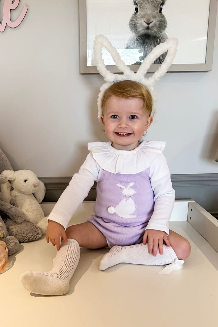 Granlei "Roux" Lilac Knit Bunny Dungaree Romper | Millie and John