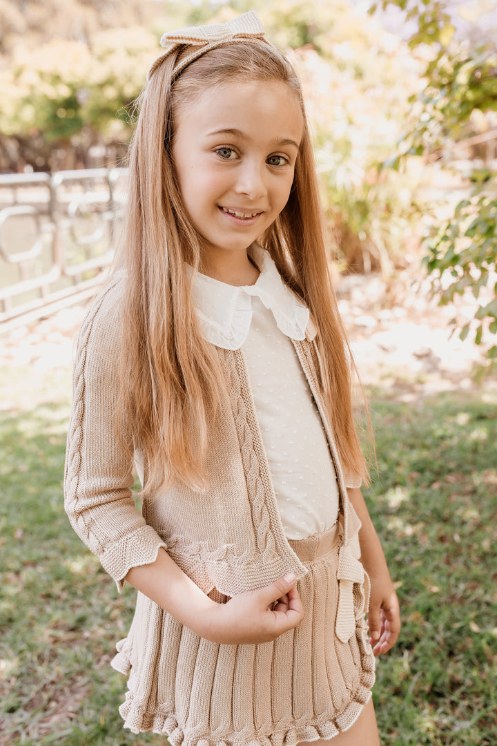 "Charlotte" Camel & Cream Cable Knit Cardigan, Blouse & Skort