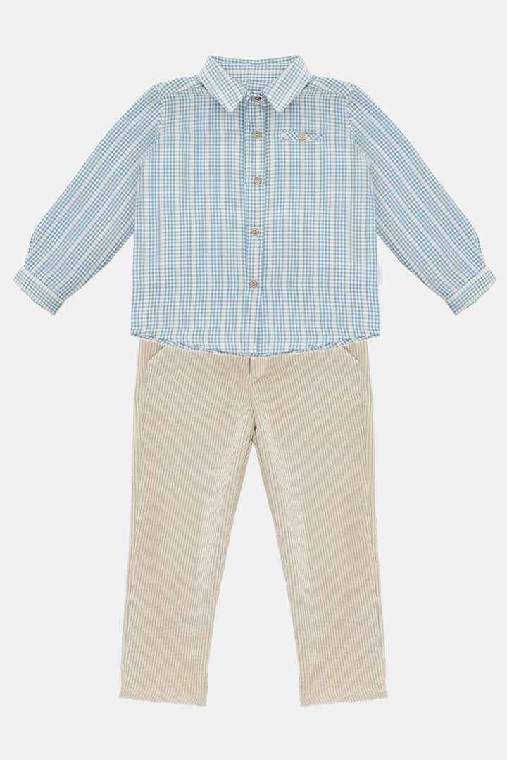 "Joshua" Blue Check Shirt & Oatmeal Cord Trousers