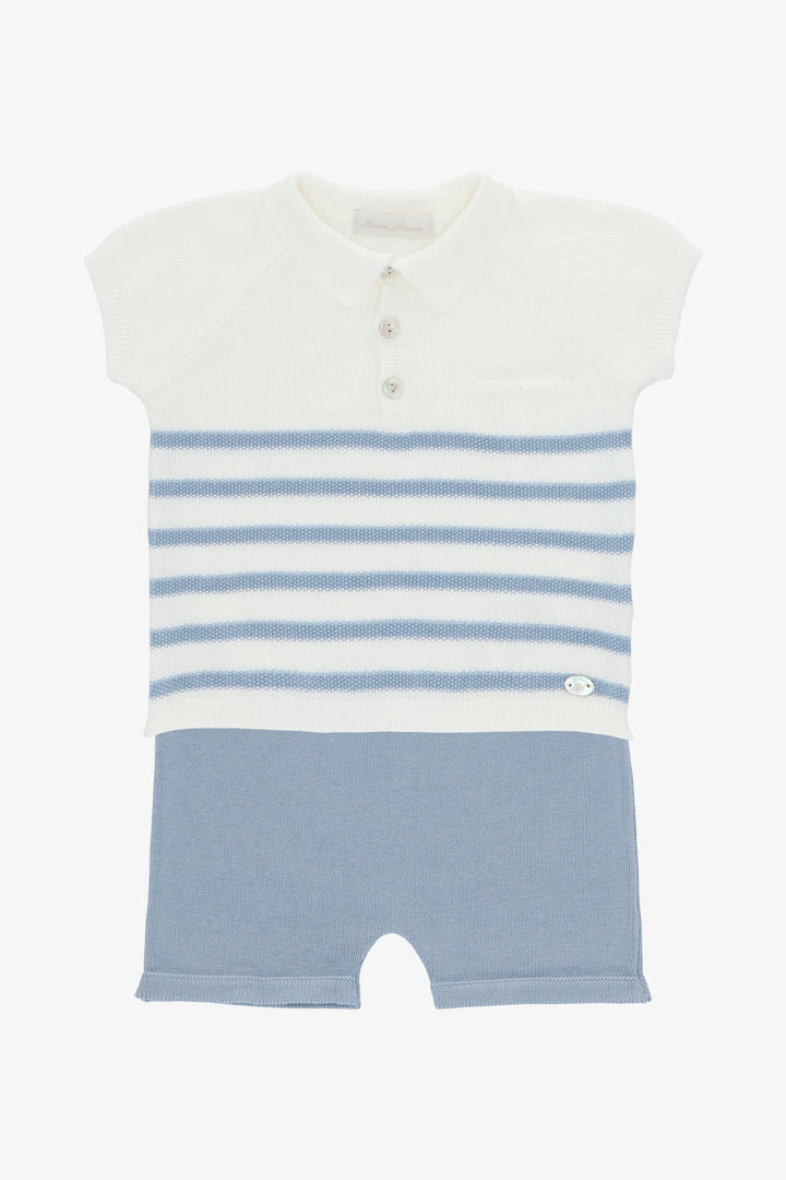 "Milo" Dusky Blue Striped Knit Polo Shirt &amp; Shorts