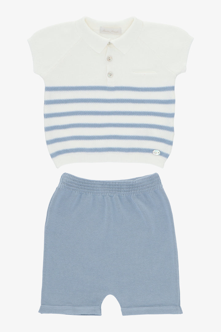 "Milo" Dusky Blue Striped Knit Polo Shirt &amp; Shorts