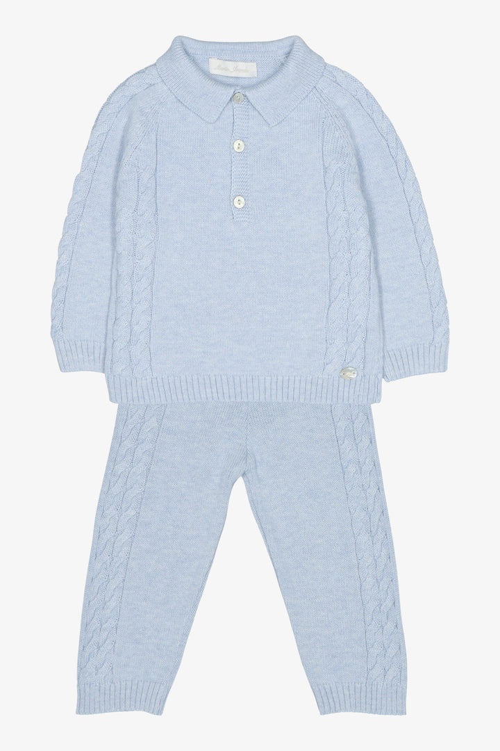 "Theodore" Powder Blue Cable Knit Polo Shirt &amp; Trousers
