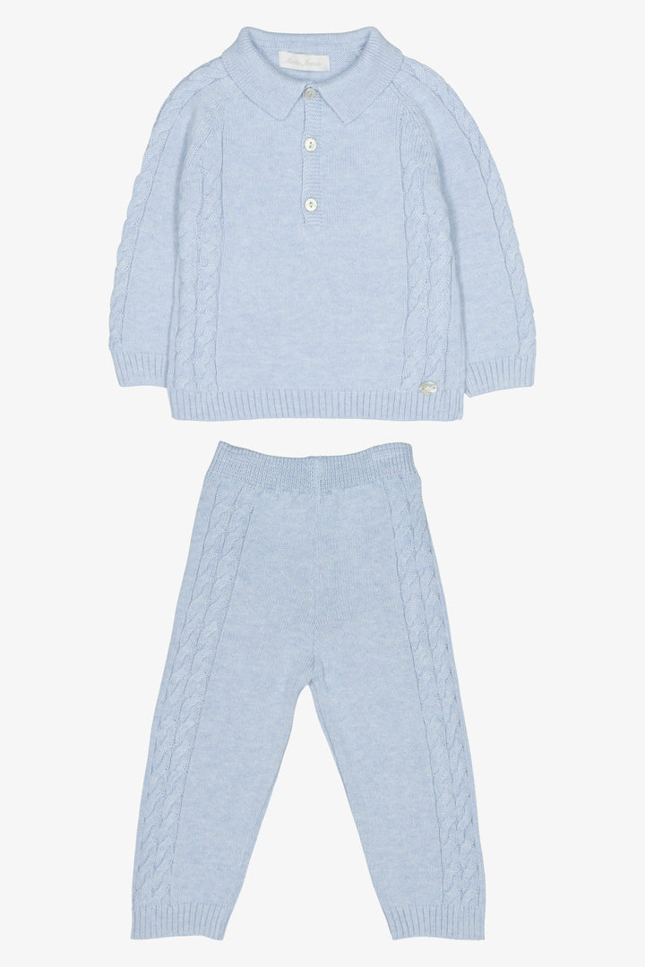 "Theodore" Powder Blue Cable Knit Polo Shirt &amp; Trousers