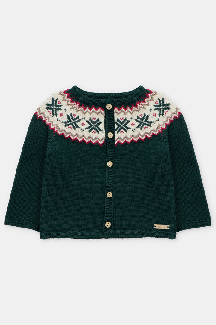 "Rowan" Bottle Green Fair Isle Knitted Cardigan