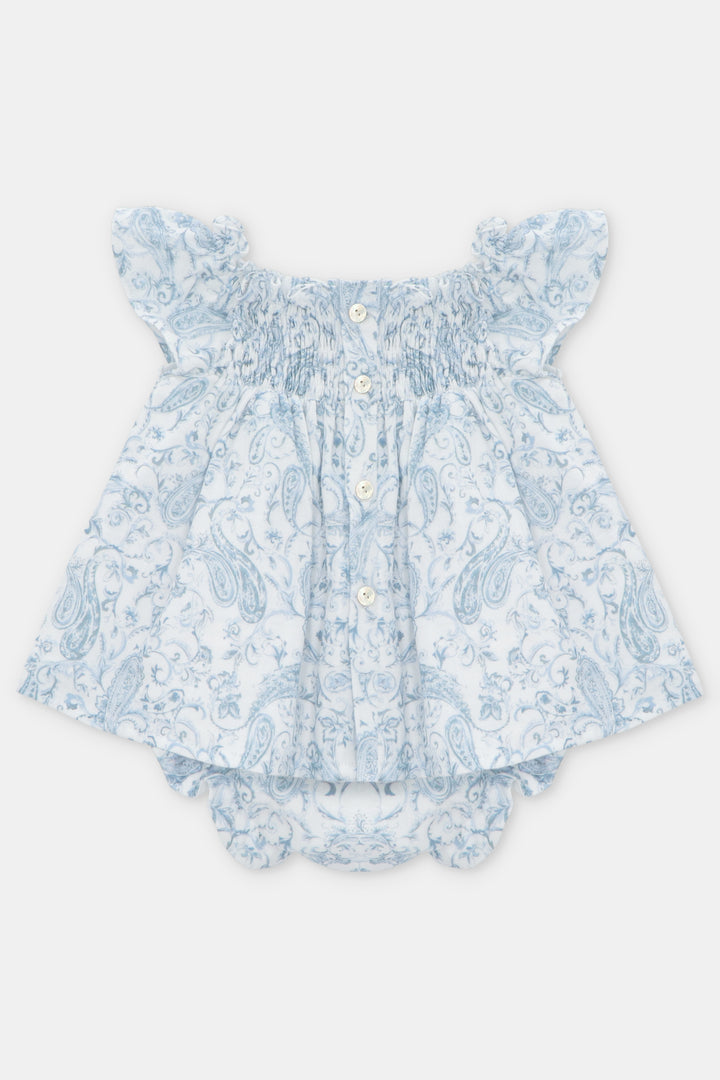 "Theodora" Blue Paisley Bow Dress & Bloomers