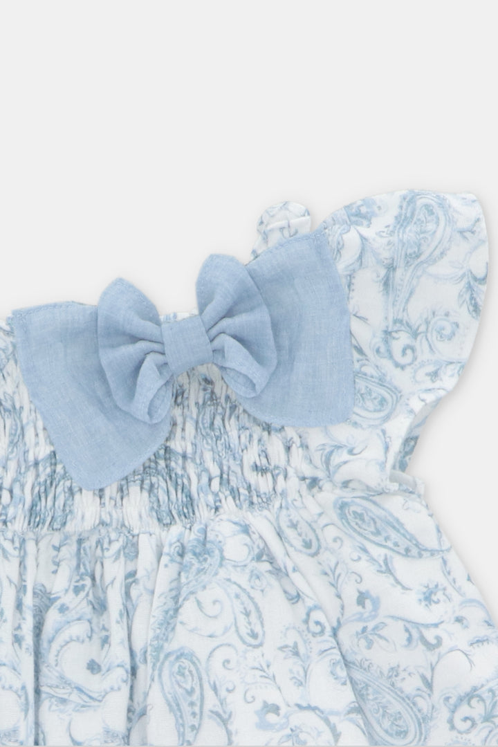 "Theodora" Blue Paisley Bow Dress & Bloomers