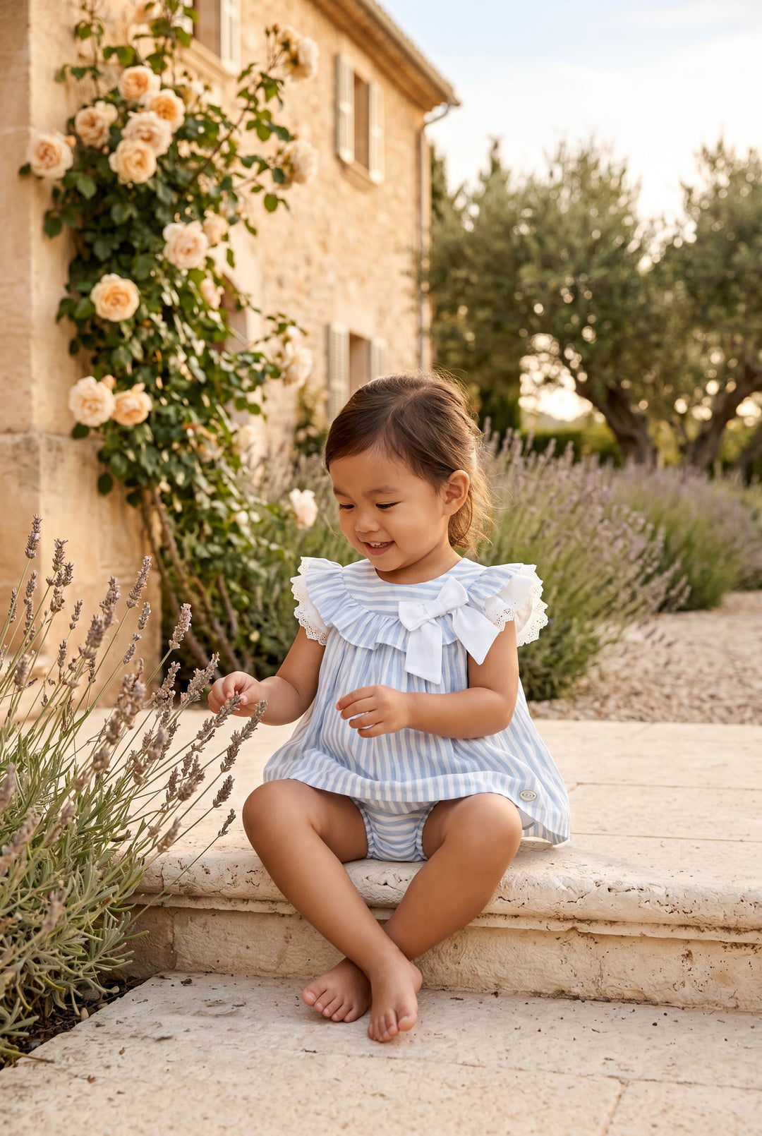 "Sylvia" Dusky Blue Striped Dress &amp; Bloomers