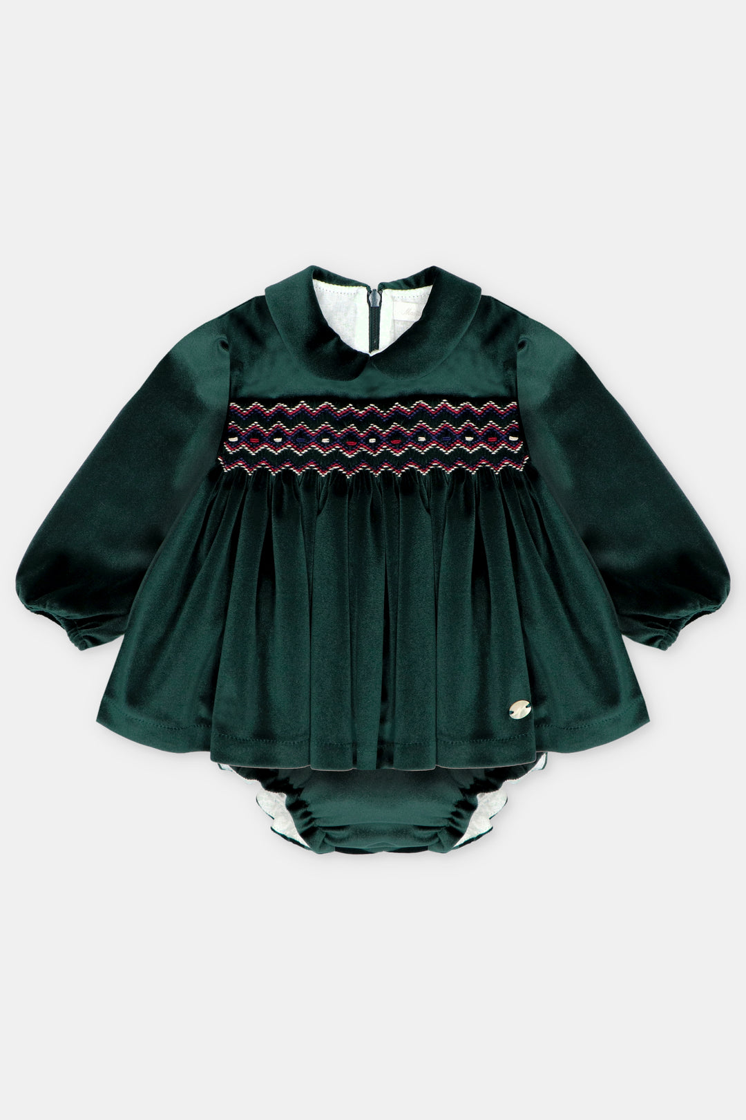 "Dorothy" Bottle Green Velvet Smocked Dress &amp; Bloomers