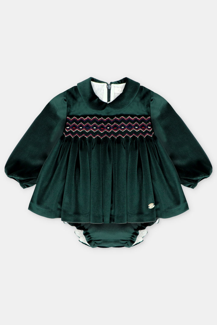 "Dorothy" Bottle Green Velvet Smocked Dress &amp; Bloomers