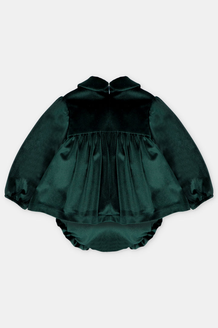 "Dorothy" Bottle Green Velvet Smocked Dress &amp; Bloomers