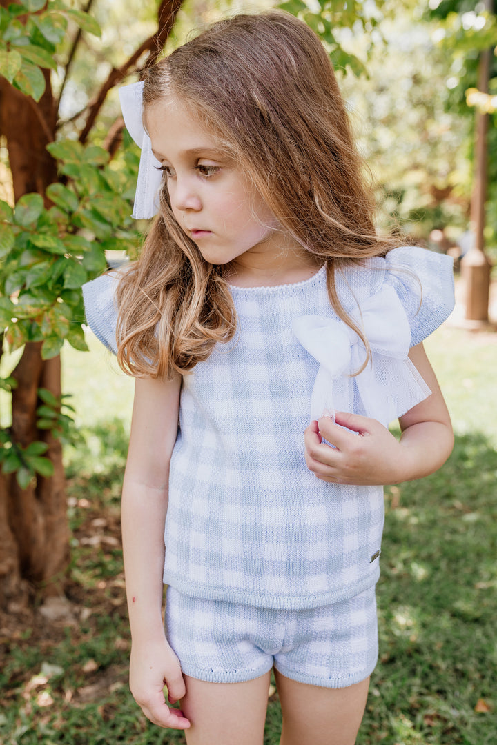 "Louisa" Baby Blue Gingham Knit Top & Shorts