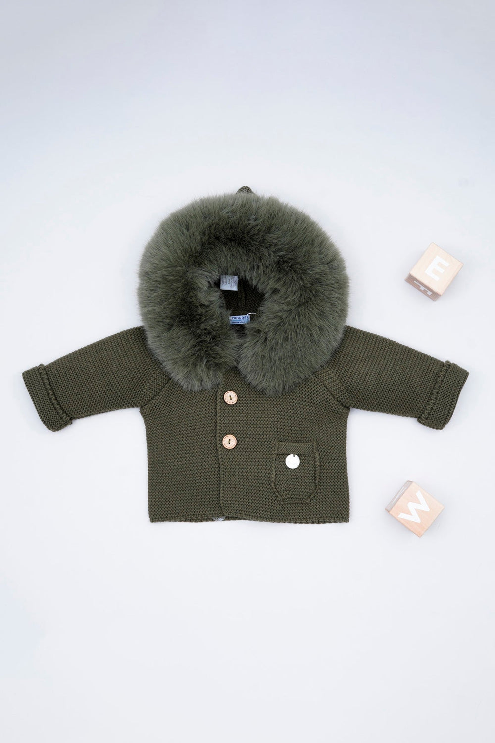 Pangasa PREORDER Khaki Green Faux Fur Knitted Jacket | Millie and John