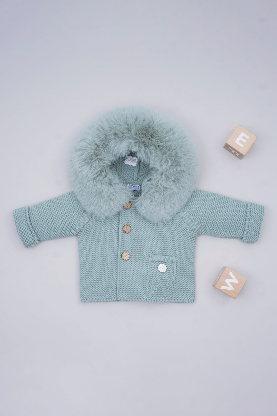 Pangasa PREORDER Powder Green Faux Fur Knitted Jacket | Millie and John