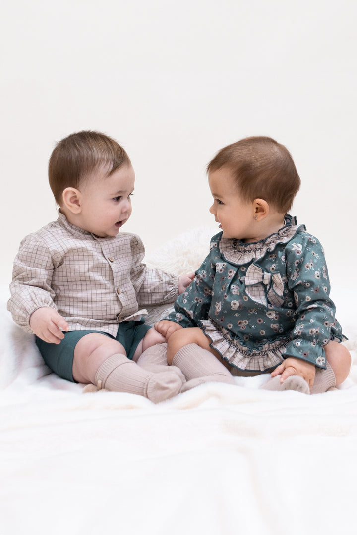 "Maria" Linen Blouse & Teal Floral Pinafore Dress