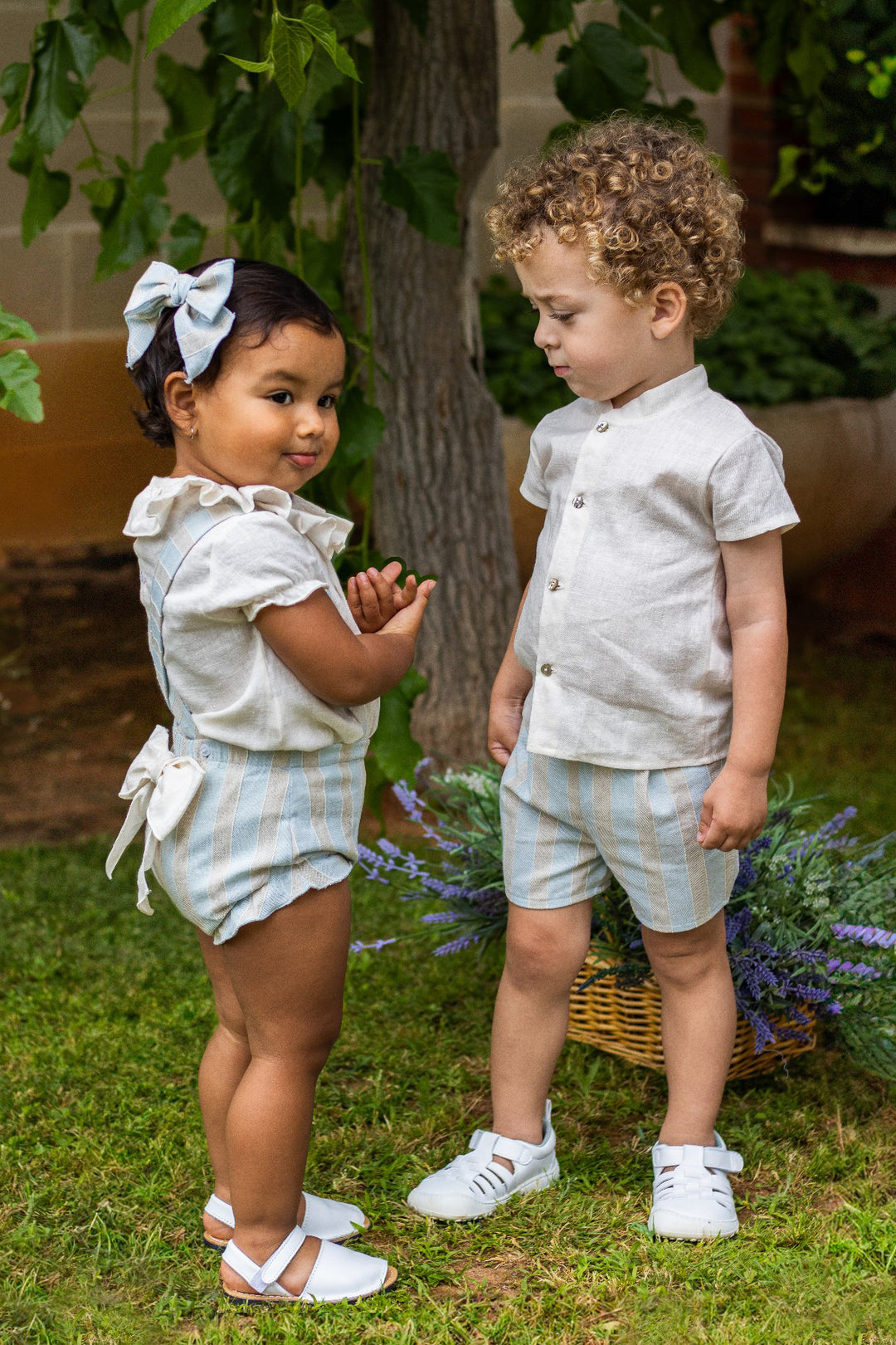 "Cedric" Powder Blue & Stone Striped Shirt & Shorts