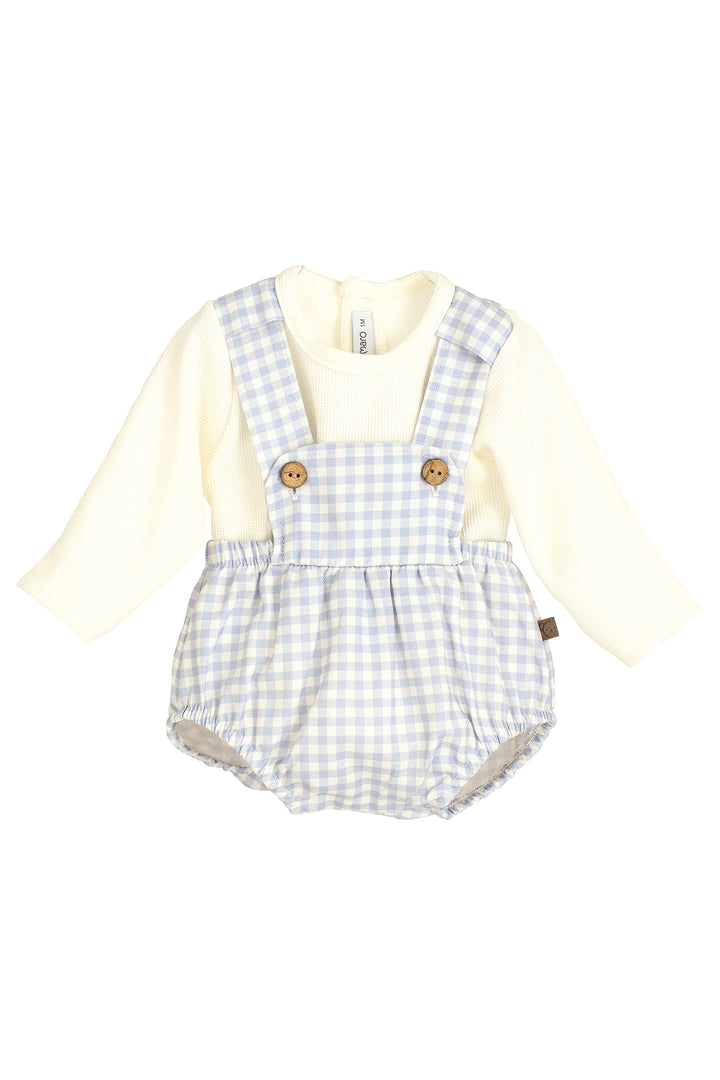 PREORDER "Noah" Pale Blue Gingham Dungaree Romper Set