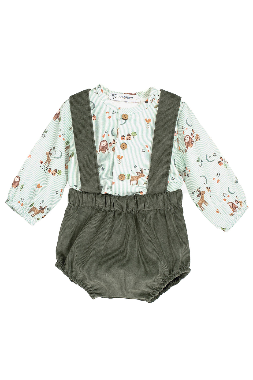 PREORDER "Finn" Sage Green Striped Forest Animals Shirt & Jam Pants