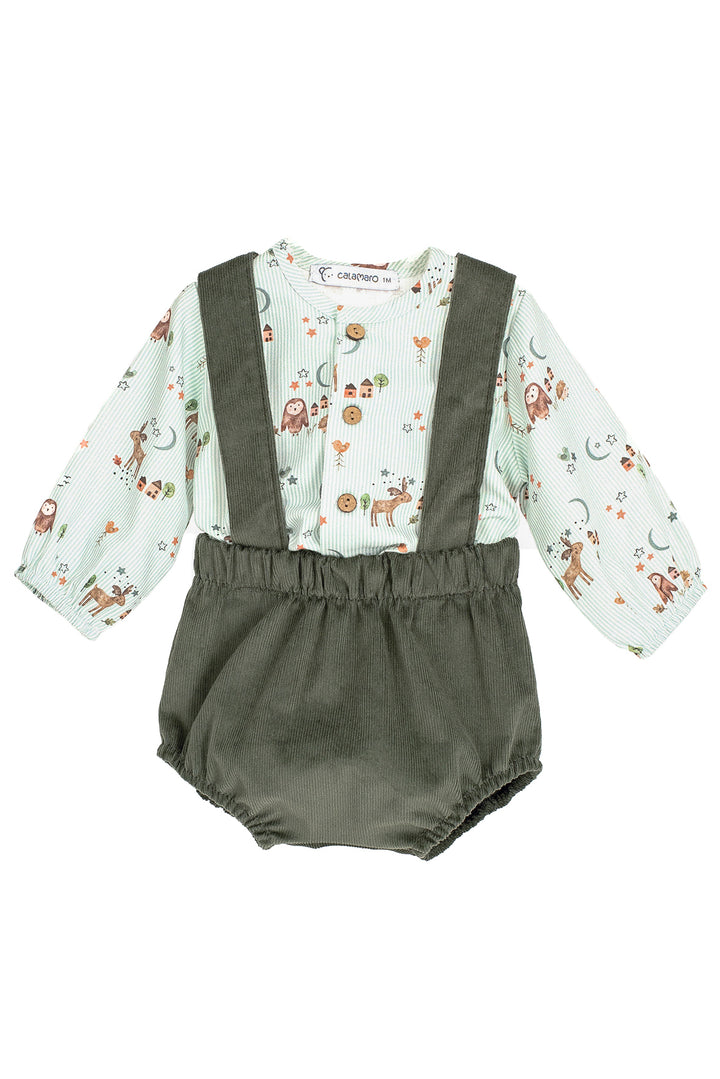 PREORDER "Finn" Sage Green Striped Forest Animals Shirt & Jam Pants