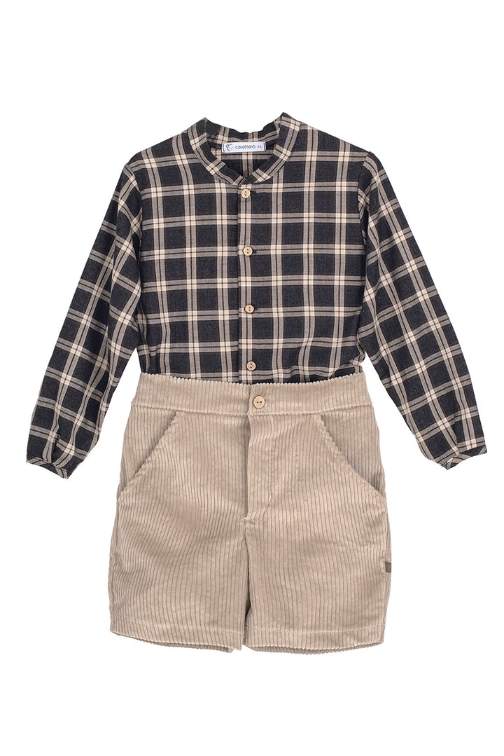 "Bram" Charcoal & Stone Tartan Shirt & Shorts