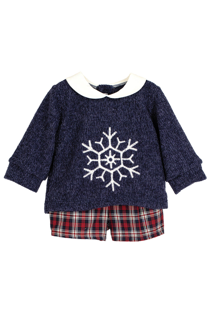 "Jasper" Navy Chenille Snowflake Jumper & Tartan Shorts