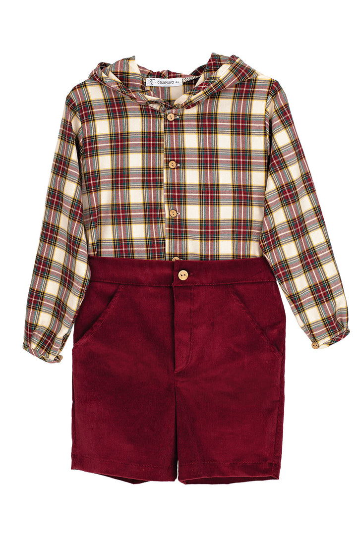 Calamaro "Rafferty" Burgundy & Oatmeal Tartan Hooded Shirt & Shorts | Millie and John