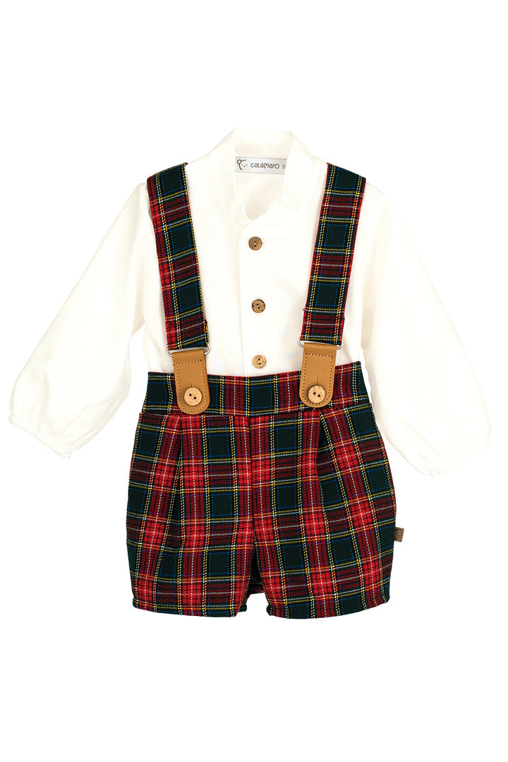 "Tobias" Red & Bottle Green Tartan Shorts & Shirt Set
