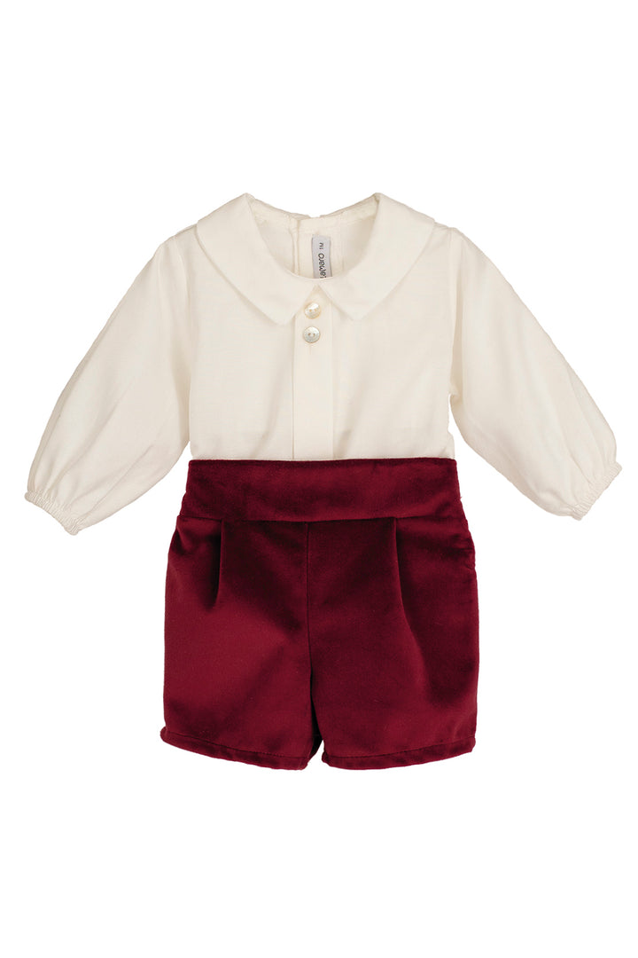 "Sebastian" Traditional Ivory Shirt & Burgundy Velvet Shorts