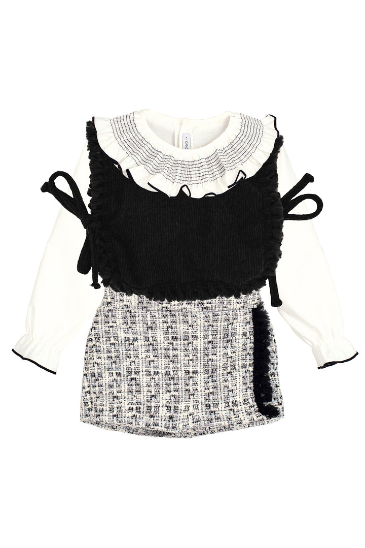 Calamaro "Vivette" Black & White Shimmer Tweed Jumper, Blouse & Skort | Millie and John