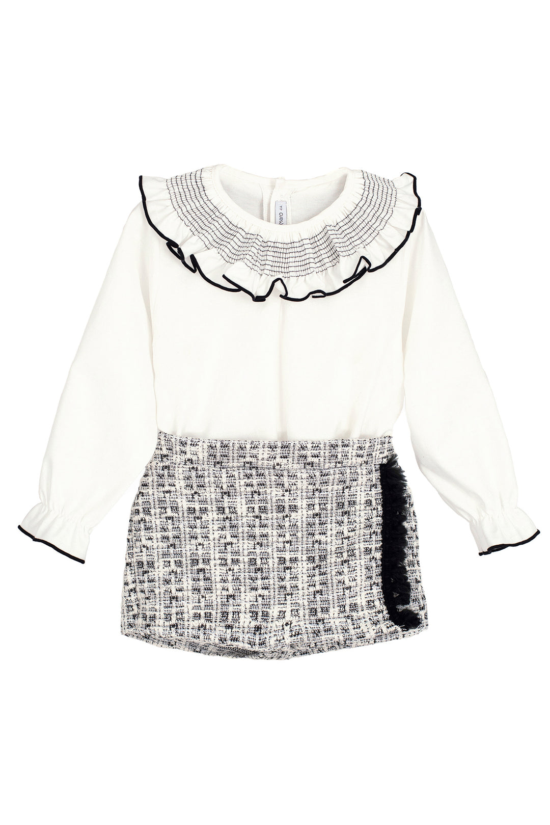 Calamaro "Vivette" Black & White Shimmer Tweed Jumper, Blouse & Skort | Millie and John