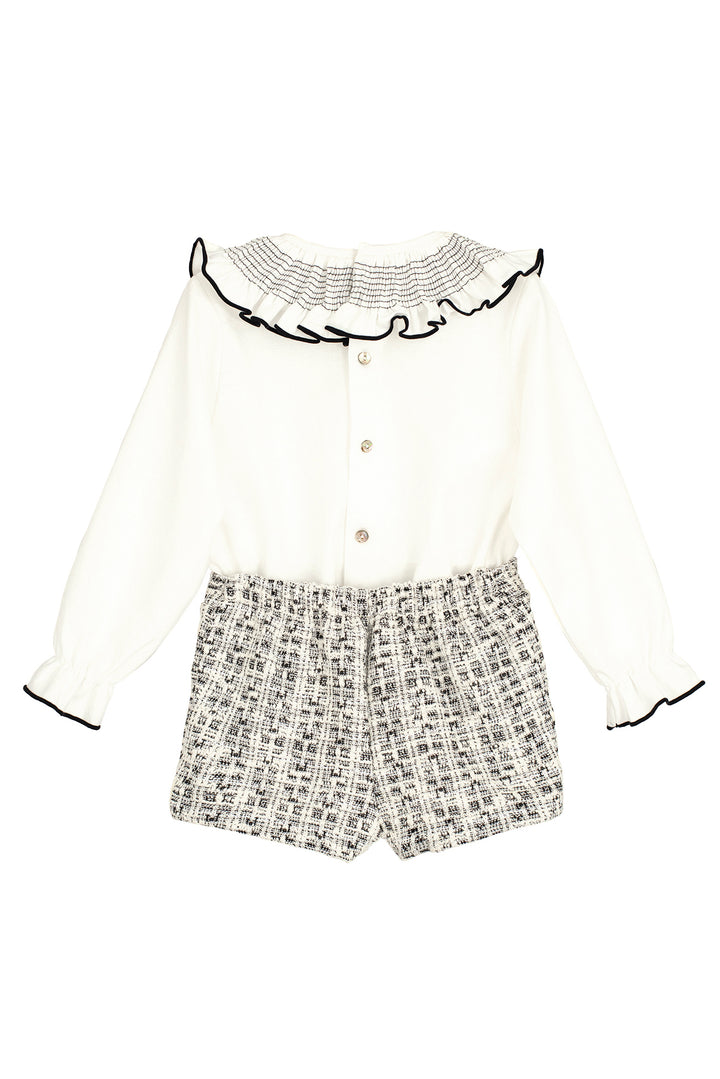 Calamaro "Vivette" Black & White Shimmer Tweed Jumper, Blouse & Skort | Millie and John