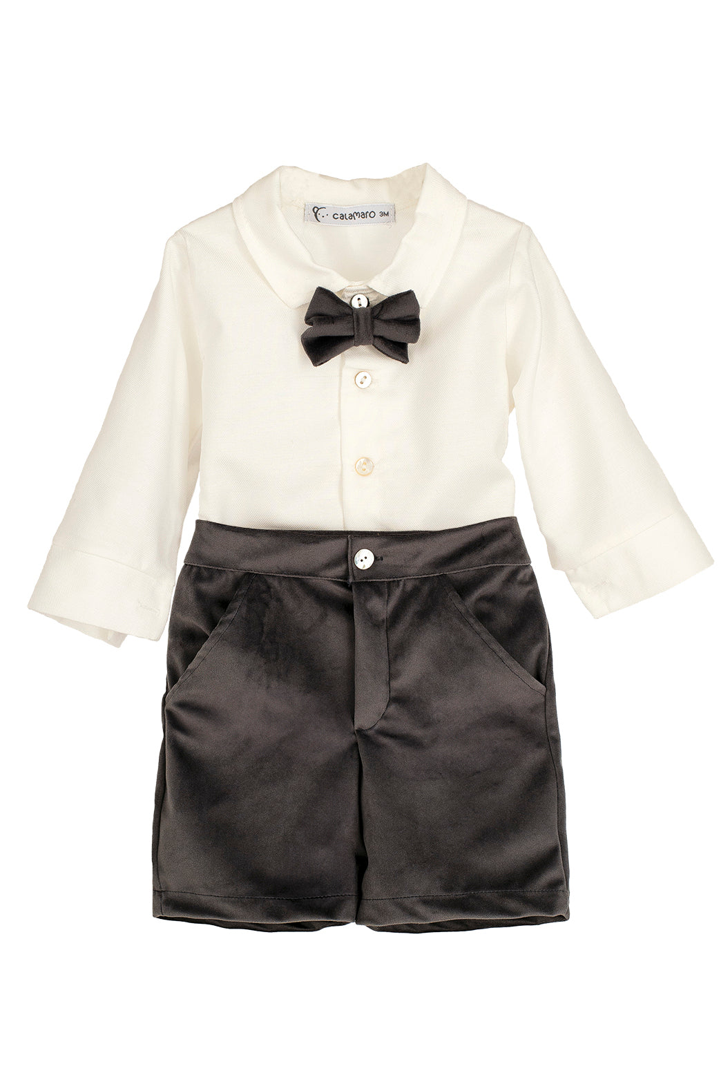 Calamaro Excellentt PREORDER "Ambrose" Traditional White Shirt & Charcoal Velvet Shorts | Millie and John