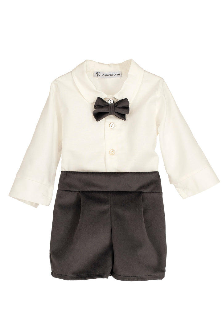 Calamaro Excellentt PREORDER "Ambrose" Traditional White Shirt & Charcoal Velvet Shorts | Millie and John