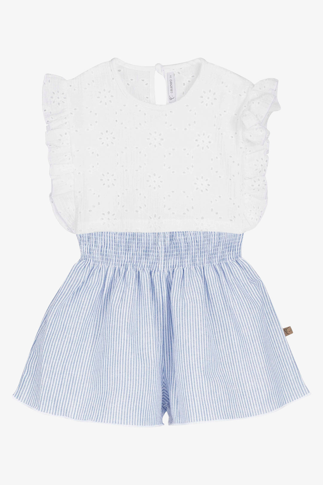 "Dottie" White Broderie Anglaise Top & Blue Striped Shorts