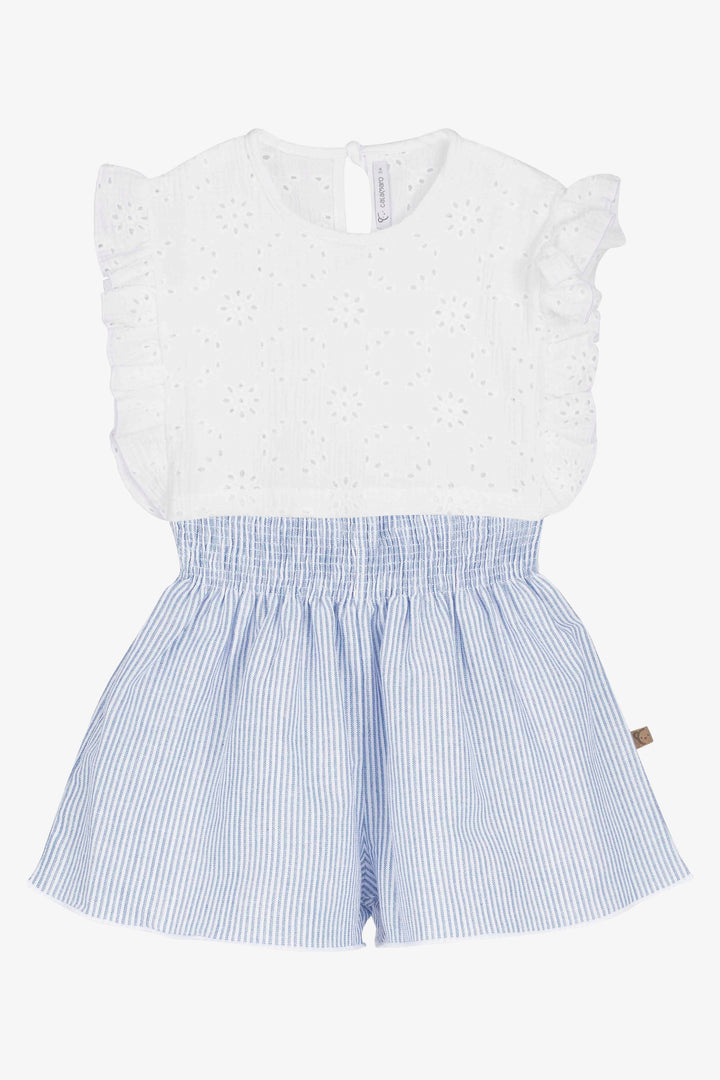 "Dottie" White Broderie Anglaise Top & Blue Striped Shorts