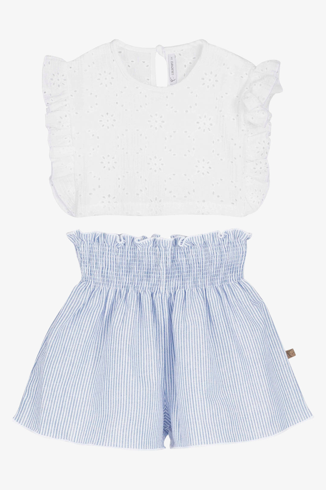 "Dottie" White Broderie Anglaise Top & Blue Striped Shorts