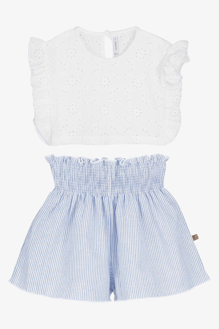 "Dottie" White Broderie Anglaise Top & Blue Striped Shorts