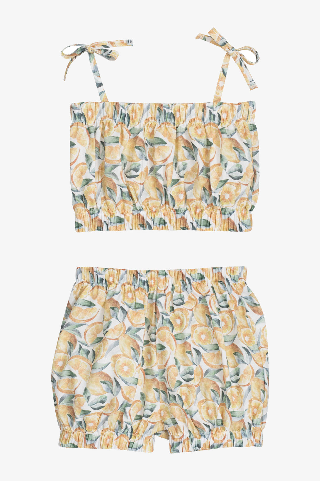 "Callie" Yellow Lemon-Print Crop Top & Shorts
