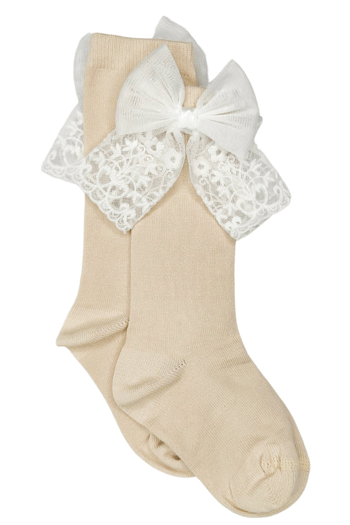 Champagne Lace Bow Knee High Socks