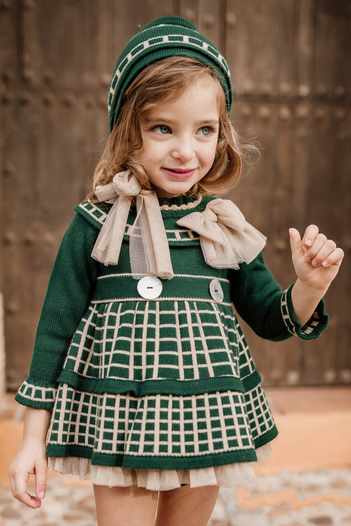 "Reeva" Bottle Green & Camel Check Knit Dress & Bloomers