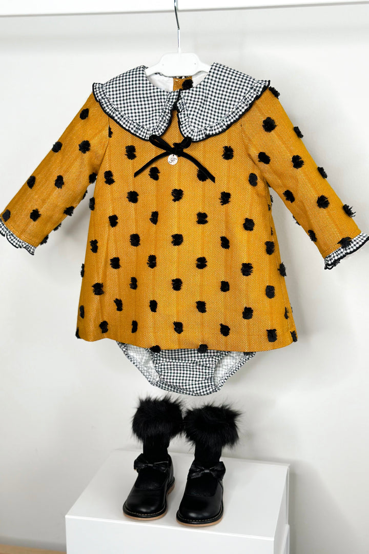 "Peggy" Mustard & Black Gingham Polka Dot Dress & Bloomers