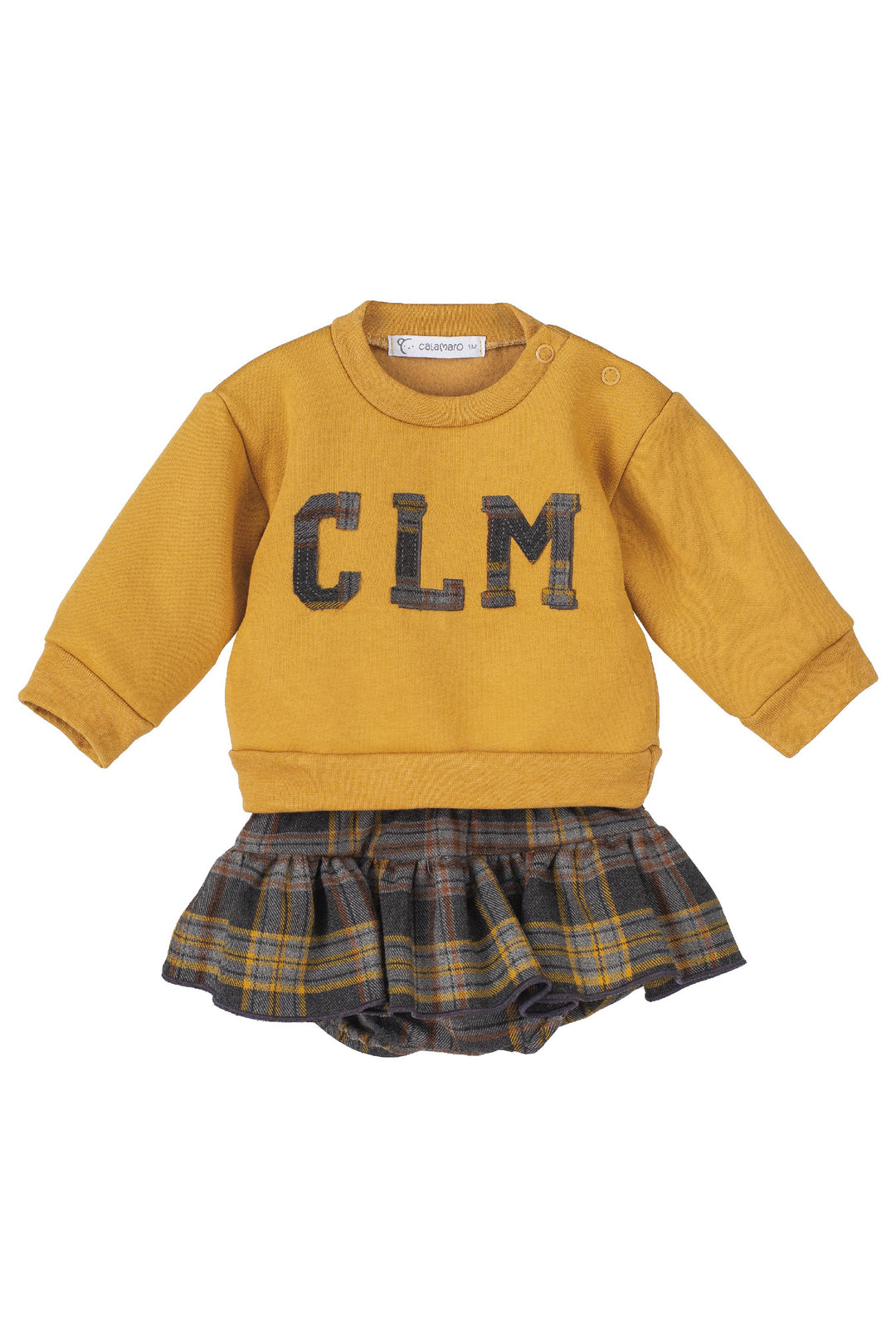 Calamaro "Sienna" Mustard Varsity Sweatshirt & Tartan Skirt | Millie and John