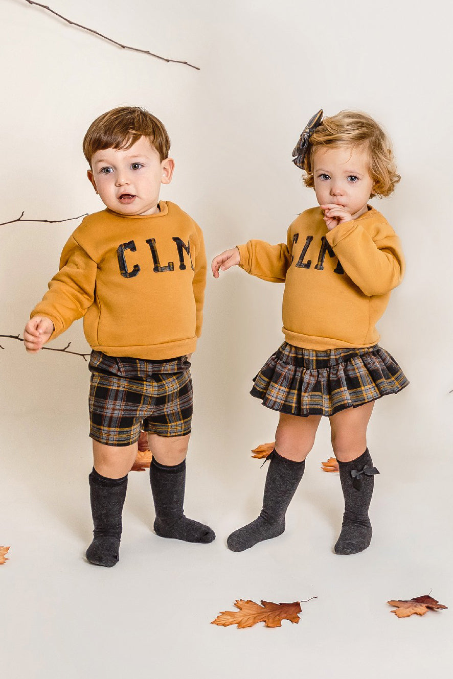 Calamaro "Sonny" Mustard Varsity Sweatshirt & Tartan Shorts | Millie and John
