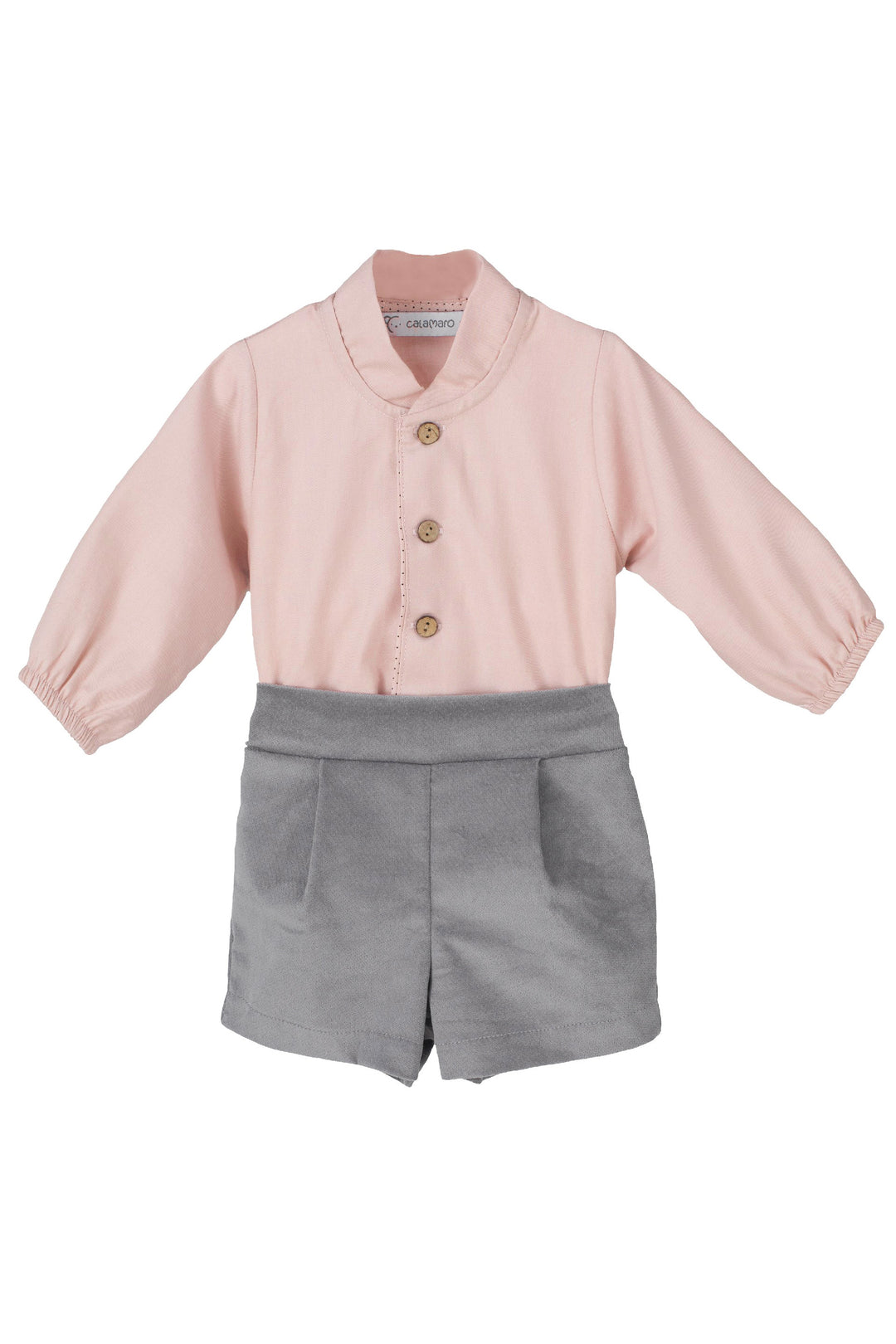 Calamaro Excellentt "Elijah" Dusky Pink Shirt & Grey Velvet Shorts | Millie and John