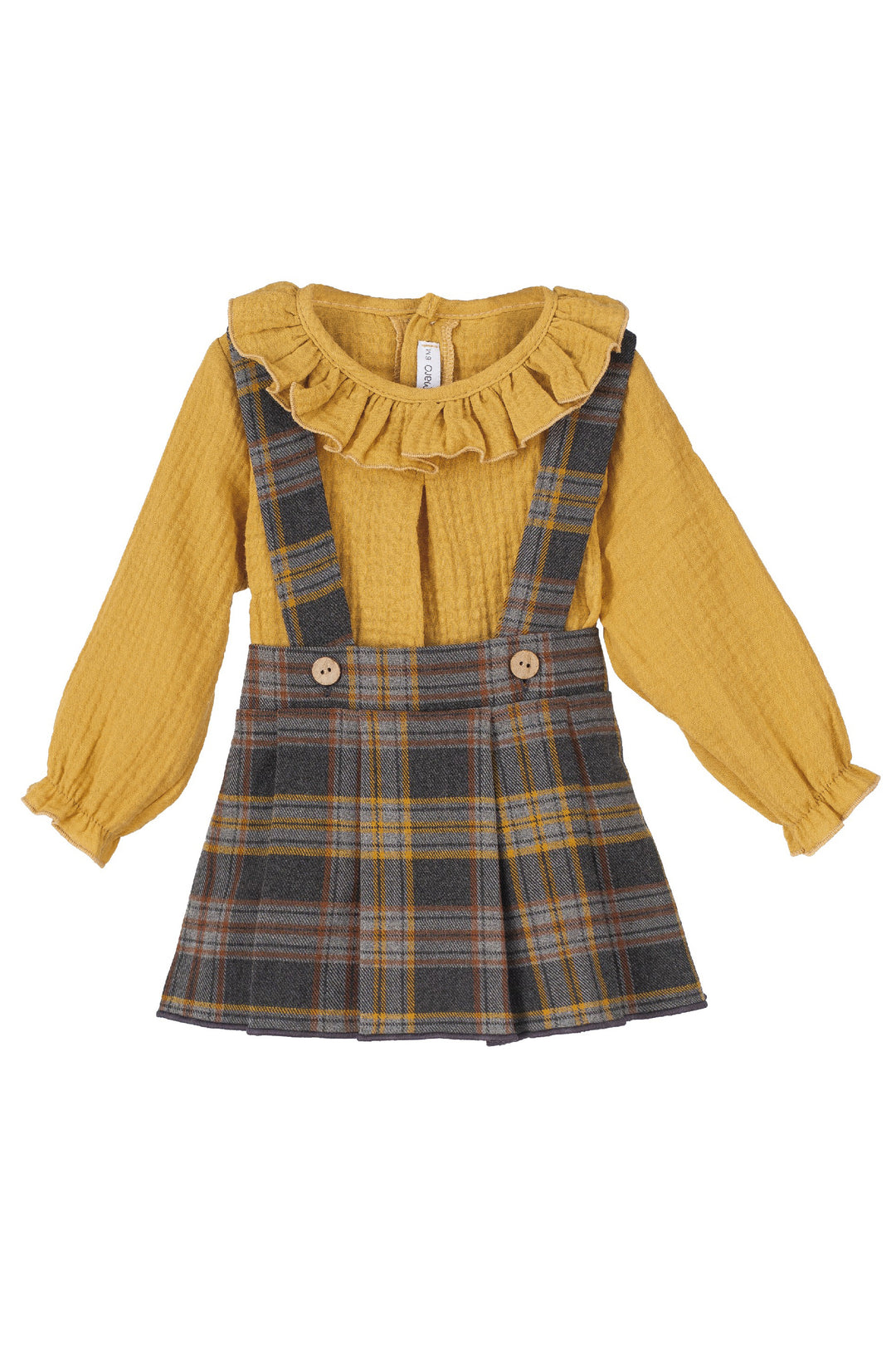 Calamaro "Brooke" Mustard Blouse & Grey Tartan Skirt | Millie and John