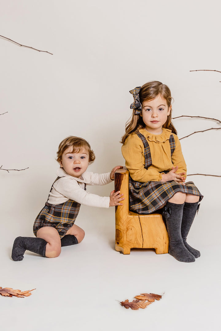 Calamaro "Brooke" Mustard Blouse & Grey Tartan Skirt | Millie and John