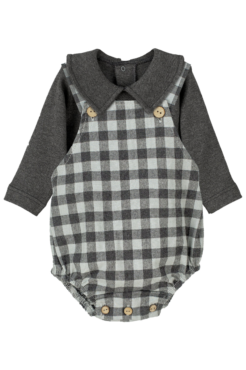 Calamaro "Marley" Charcoal Bodysuit & Checked Dungaree Romper | Millie and John